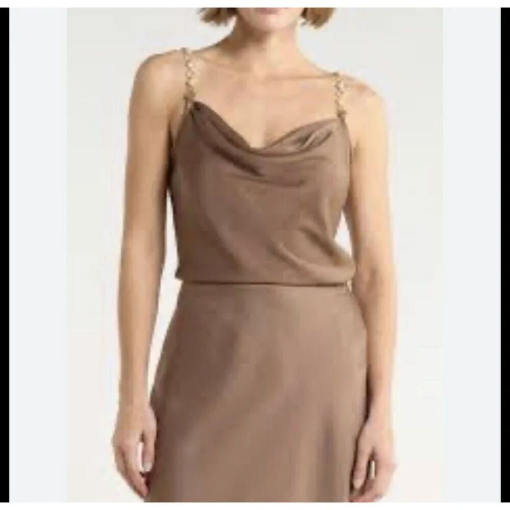 Women’s Tash And Sophie Champagne Satin Hardware Top Cami Gold Strap Cowl Neck L